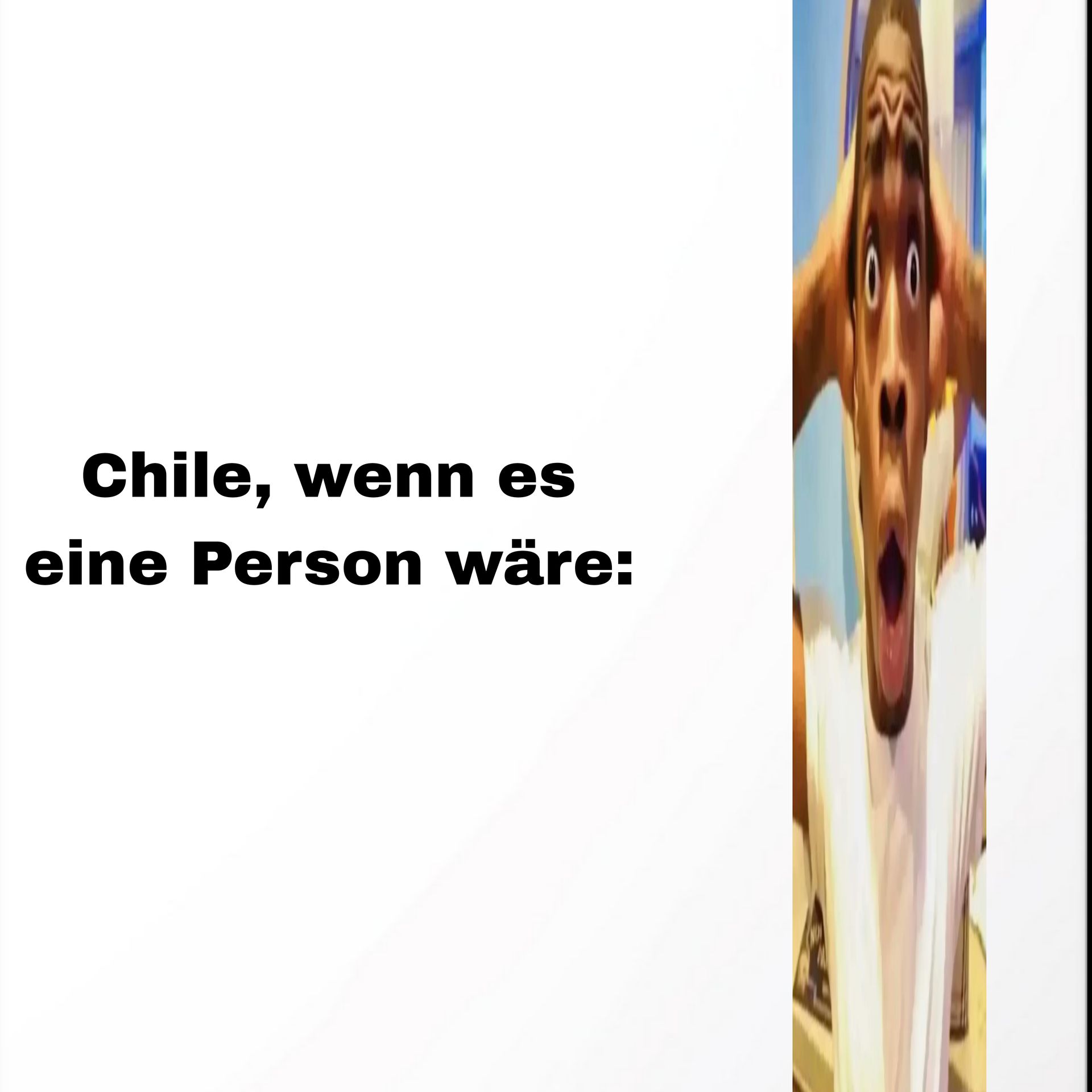 Ein Bild von einem Gesicht mit einem schockierten Ausdruck, das vertikal gestreckt wurde. Der Text lautet: "Chile, wenn es eine Person wäre:".