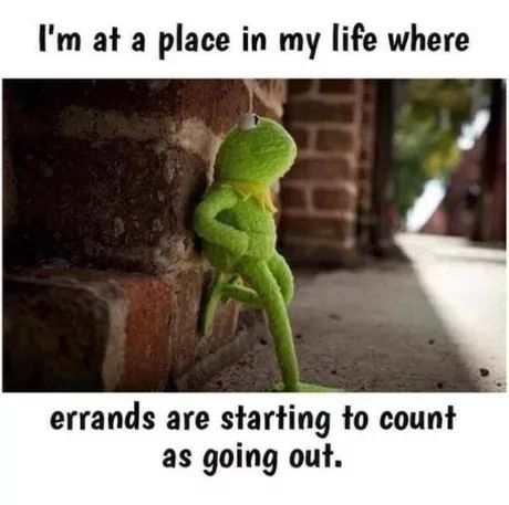 Ein Bild von Kermit dem Frosch, der an einer Mauer lehnt. Oben steht geschrieben: "I'm at a place in my life where". Unten steht: "errands are starting to count as going out."