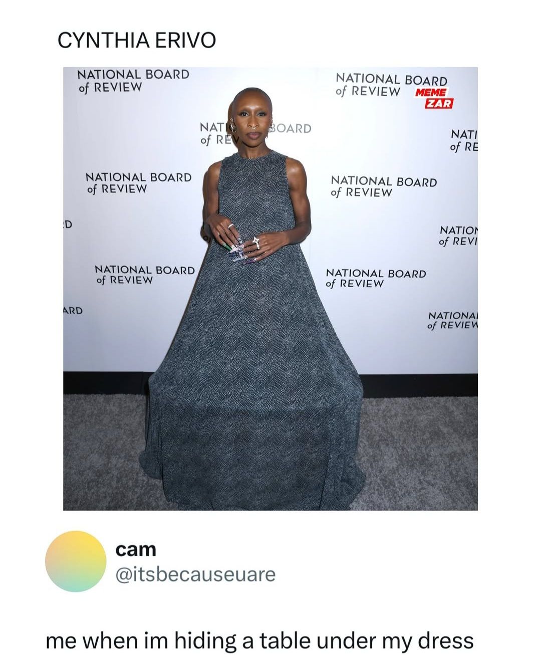 Ein Foto von Cynthia Erivo in einem weiten, grauen Kleid. Der Text lautet: "CYNTHIA ERIVO NATIONAL BOARD of REVIEW cam @itsbecauseuare me when im hiding a table under my dress". Im oberen Bereich ist ein Logo mit "MEME ZAR" zu sehen.