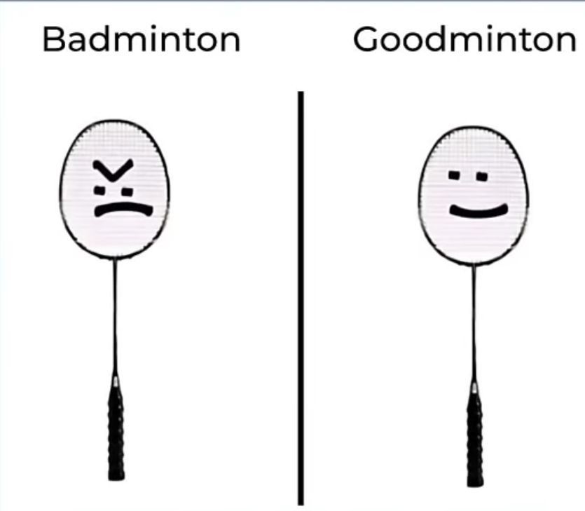 Das Bild zeigt zwei Badminton Schläger nebeneinander. Der linke Schläger ist mit dem Wort 'Badminton' beschriftet und hat ein schlecht gelauntes Gesicht. Der rechte Schläger ist mit 'Goodminton' beschriftet und hat ein fröhliches Gesicht.