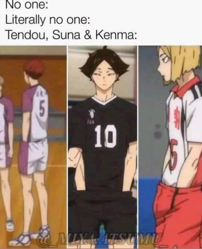 Drei Anime Charaktere, Tendou, Suna und Kenma, stehen mit den Händen in den Hosentaschen. Über den Figuren steht: "No one: Literally no one: Tendou, Suna & Kenma:".