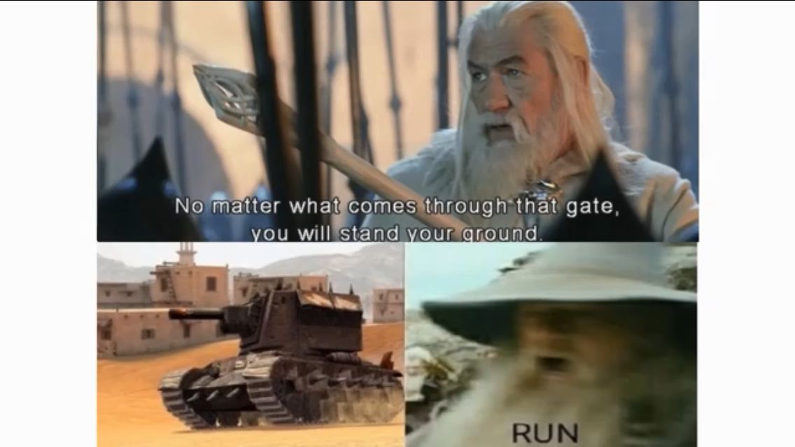 Das Bild zeigt drei verschiedene Szenen, die zu einem Meme zusammengefügt wurden. Im ersten Bild oben sagt Gandalf: "No matter what comes through that gate, you will stand your ground." Darunter befinden sich zwei weitere Bilder: Links ein Panzer in einer Wüstenszene und rechts Gandalfs Gesicht, wobei darunter „RUN“ steht.