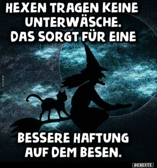 Eine Silhouette einer Hexe mit einem schwarzen Katze auf einem Besen vor einem Mondhintergrund. Der Text lautet: "Hexen tragen keine Unterwäsche. Das sorgt für eine bessere Haftung auf dem Besen."