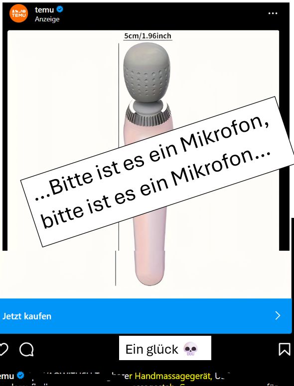 Das Bild zeigt ein Produkt, ein Handmassagegerät, das rosa mit einem grauen, runden Kopf ist. Über dem Massagegerät ist ein Textfeld mit dem Text: "...Bitte ist es ein Mikrofon, bitte ist es ein Mikrofon...".