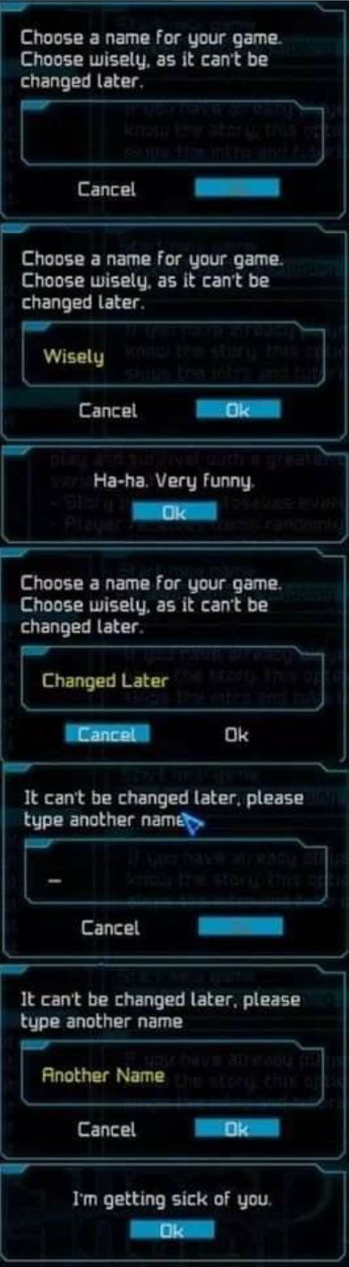 Das Bild zeigt eine Reihe von Fenstern aus einem Videospiel. Jedes Fenster fordert den Spieler auf, einen Namen für das Spiel zu wählen und warnt davor, dass dies später nicht mehr geändert werden kann. Der Spieler versucht es mit "Weise", "Später geändert", "-" und "Anderer Name", aber das Spiel akzeptiert es nicht und verlangt immer wieder einen anderen Namen. Schließlich gibt der Spieler auf und sagt "Ich bin es leid mit dir."