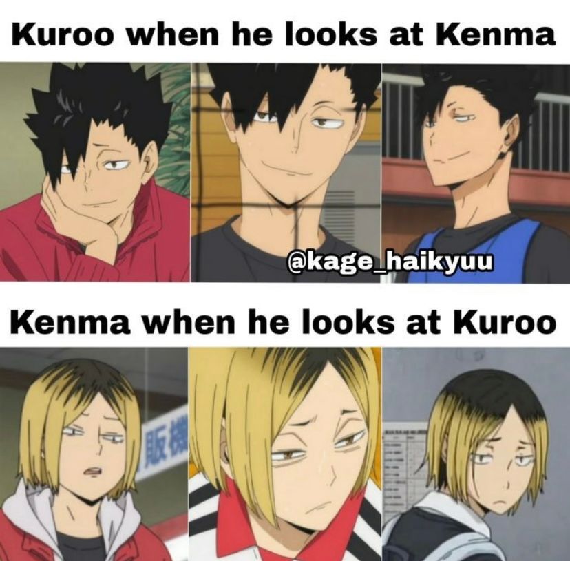 Das Bild zeigt einen Vergleich von Kuroos und Kenmas Gesichtsausdruck, wenn sie einander ansehen. Oben sind drei Bilder von Kuroo, wie er Kenma ansieht. Darunter sind drei Bilder von Kenma, wie er Kuroo ansieht. Der Text lautet: "Kuroo when he looks at Kenma" und "Kenma when he looks at Kuroo".