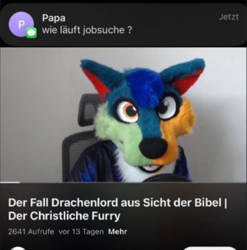 Ein Screenshot zeigt einen Chatverlauf, in dem ein "Papa" fragt, wie die Jobsuche läuft. Darunter ist ein Bild von einer Person mit einem farbenfrohen Furry-Kostüm zu sehen. Darunter wird ein YouTube-Video mit dem Titel "Der Fall Drachenlord aus Sicht der Bibel | Der Christliche Furry" angekündigt.