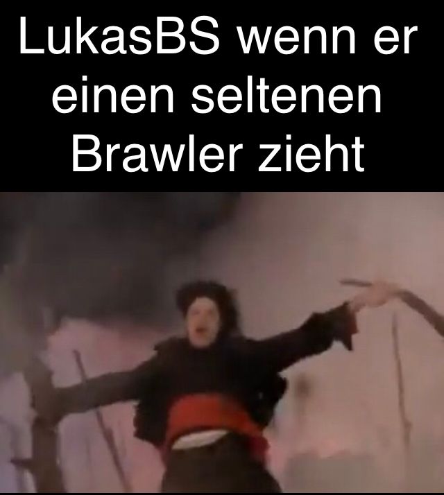 A man with long, dark hair and a red sash around his waist raises his arms dramatically. Above him, text says "LukasBS wenn er einen seltenen Brawler zieht."