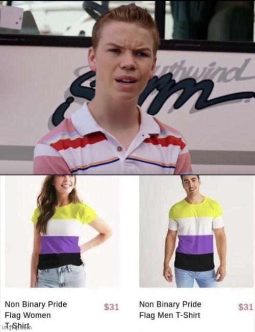 Ein Screenshot aus einem Video zeigt im oberen Bereich das Gesicht eines Mannes mit leicht verwirrtem Ausdruck. Im unteren Bereich werden zwei T-Shirts mit der Non-Binary-Flagge gezeigt. Einmal als 'Non Binary Pride Flag Women T-Shirt' und einmal als 'Non Binary Pride Flag Men T-Shirt'. Beide kosten $31.