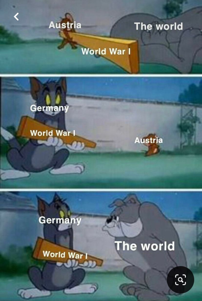 Das Bild zeigt drei Szenen aus der Zeichentrickserie „Tom und Jerry“. In der ersten Szene wird Jerry, beschriftet mit „Österreich“, von Tom, beschriftet mit „Die Welt“, mit einer Bazooka bedroht. Auf der Bazooka steht „Erster Weltkrieg“. In der zweiten Szene bedroht Tom, beschriftet mit „Deutschland“, Jerry, beschriftet mit „Österreich“, mit der gleichen Bazooka. Die dritte Szene zeigt Tom, beschriftet mit „Deutschland“, wie er mit der Bazooka vor dem großen Hund Spike steht, der als „Die Welt“ beschriftet ist.