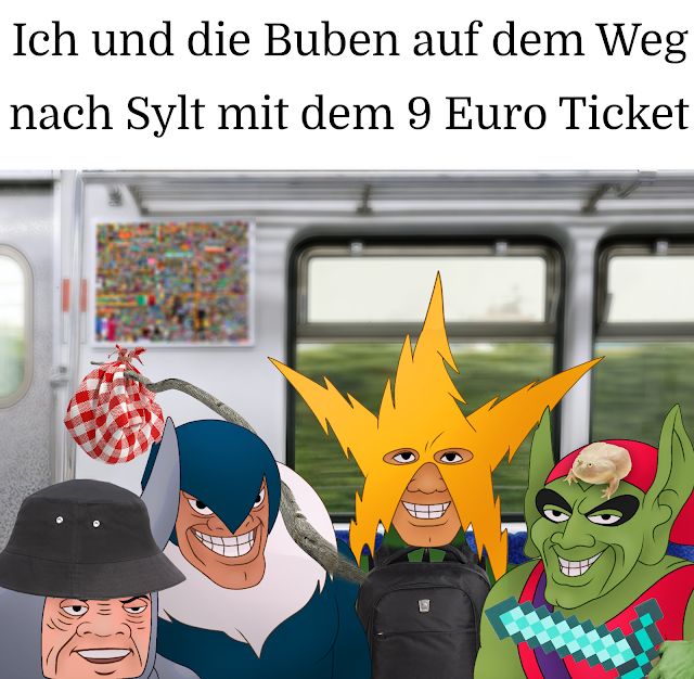 Das Bild zeigt eine Gruppe von vier Cartoonfiguren, die in einem Zug sitzen. Über ihnen steht geschrieben: "Ich und die Buben auf dem Weg nach Sylt mit dem 9 Euro Ticket". Die Figuren sind unterschiedlich gestaltet, eine hat einen Sternförmigen Kopf, eine trägt einen Eimerhut. Die Figuren sitzen vor einem Zugfenster mit einem Blick auf eine vorbeiziehende Landschaft.