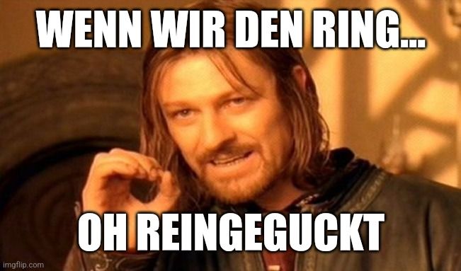 Das Bild zeigt Boromir aus "Herr der Ringe". Er hat einen nachdenklichen Ausdruck und macht eine Geste mit seiner Hand. Auf dem Bild steht "WENN WIR DEN RING...OH REINGEGUCKT".