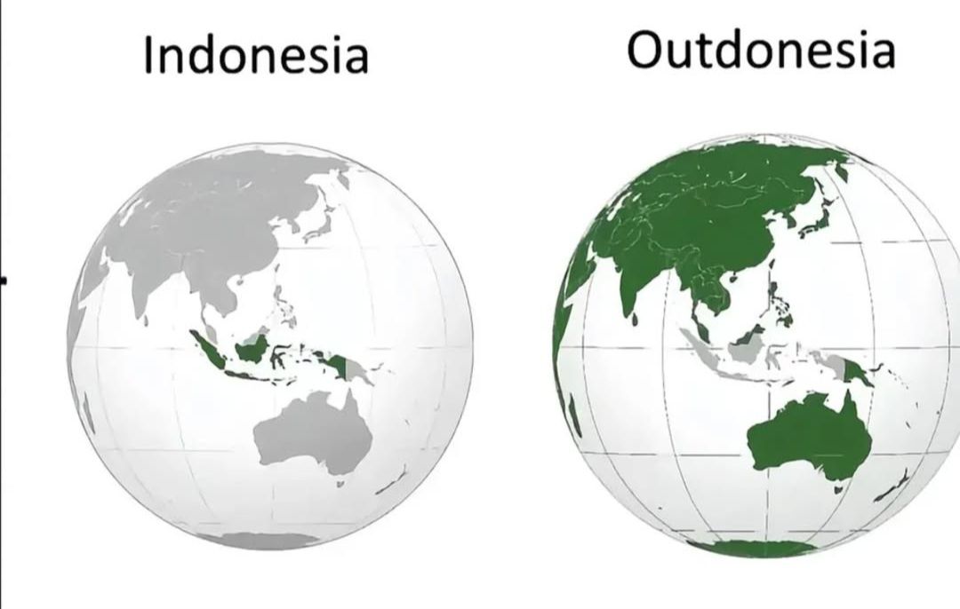 Das Bild zeigt zwei Globen nebeneinander. Der linke Globus ist mit "Indonesien" beschriftet und zeigt Indonesien hervorgehoben. Der rechte Globus ist mit "Outdonesien" beschriftet und zeigt alle Landmassen außer Indonesien hervorgehoben.