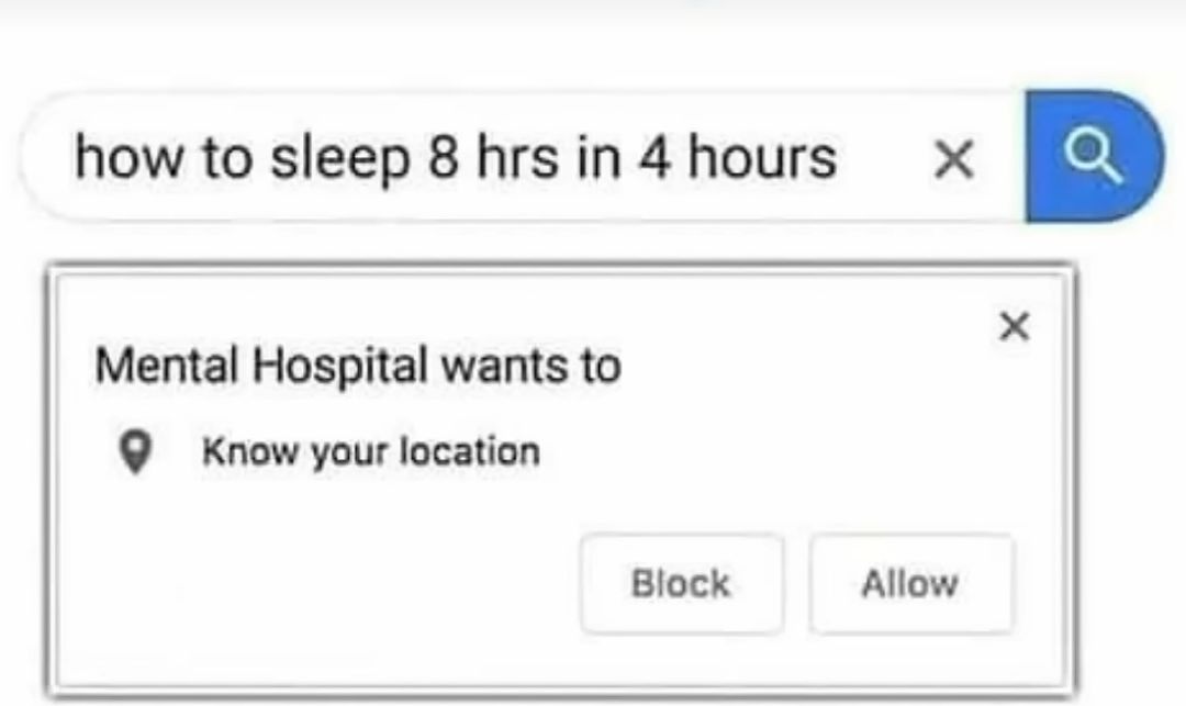 Ein Screenshot einer Google-Suche mit der Frage: "Wie man 8 Stunden in 4 Stunden schläft". Darunter erscheint eine Benachrichtigung: "Psychiatrie möchte deinen Standort erfahren" mit den Optionen "Blockieren" und "Erlauben".
