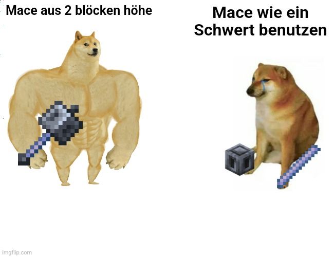 Ein Bild mit zwei verschiedenen Darstellungen eines Hundes. Links ist ein muskulöser Hund mit einer Keule. Daneben steht "Mace aus 2 Blöcken höhe". Rechts ist ein weinender Hund mit einem Amboss und einem Schwert. Daneben steht "Mace wie ein Schwert benutzen".