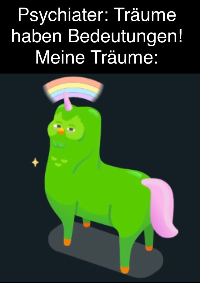 Das Bild zeigt einen Text über einem grünen, einhornähnlichen Duolingo-Vogel auf einem Skateboard. Über dem Kopf des Vogels befindet sich ein Regenbogen-Halo. Der Text lautet: "Psychiater: Träume haben Bedeutungen! Meine Träume:".