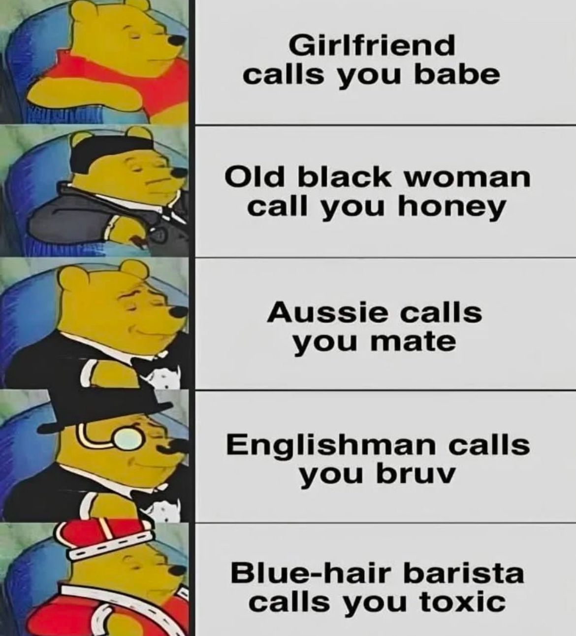 Das Bild zeigt fünf Variationen von Winnie Pooh. Die erste ist normal, darunter steht "Girlfriend calls you babe". Die zweite zeigt ihn in einem Smoking, und daneben steht "Old black woman call you honey". Die dritte ist wieder in einem Smoking und daneben steht "Aussie calls you mate". Die vierte trägt einen Anzug mit Monokel und daneben steht "Englishman calls you bruv". Die letzte ist mit einer Krone und daneben steht "Blue-hair barista calls you toxic".