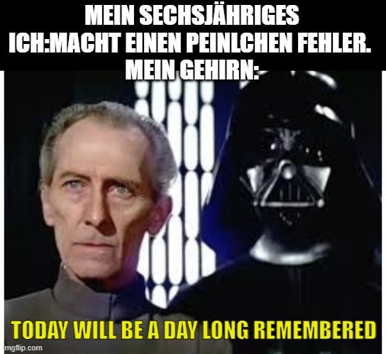 Ein Bild aus Star Wars mit zwei Personen. Oben steht „MEIN SECHSJÄHRIGES ICH: MACHT EINEN PEINLICHEN FEHLER. MEIN GEHIRN:“. Darunter steht „TODAY WILL BE A DAY LONG REMEMBERED“.