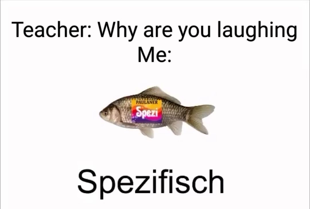 Ein Fisch mit einer Spezi-Getränkedose auf seiner Seite, darunter steht das Wort „Spezifisch“.