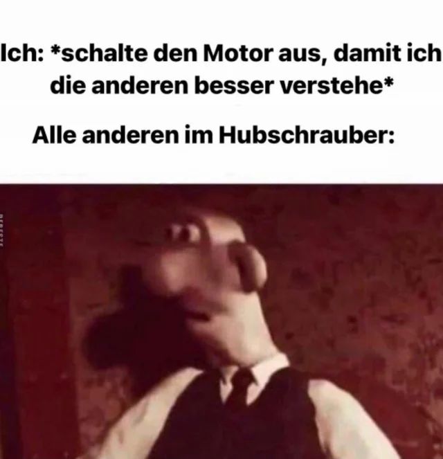 Ein Bild von Wallace, der eine überraschte/verwirrte Mimik hat. Darüber steht der Text: "Ich: *schalte den Motor aus, damit ich die anderen besser verstehe*. Alle anderen im Hubschrauber:".