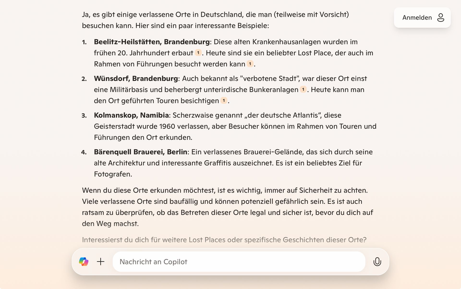 Eine Liste mit vier verlassenen Orten in Deutschland und Namibia. Es werden die Beelitz-Heilstätten, Wünsdorf, Kolmanskop und die Bärenquell Brauerei beschrieben.