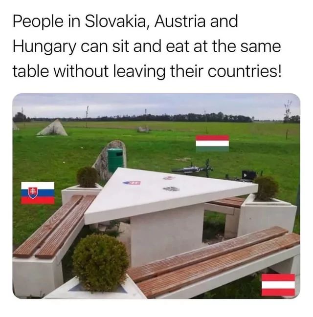 Ein Foto eines dreieckigen Tisches im Freien mit Holzbänken. Flaggen der Slowakei, Österreichs und Ungarns sind an den drei Tischseiten angeordnet, mit einer kleinen Flagge an der Tischfläche.