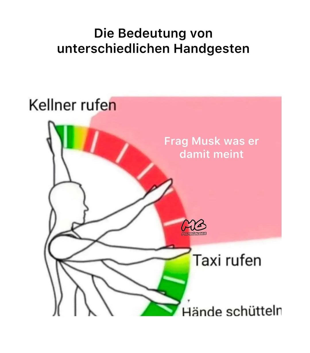 Das Bild zeigt eine Grafik mit einem stilisierten Mann, dessen Arme in verschiedenen Positionen dargestellt sind. Ein bogenförmiger Pfeil zeigt an, was die jeweilige Handbewegung bedeutet, von "Kellner rufen" über "Taxi rufen" bis zu "Hände schütteln". Ein Textfeld mit der Aufschrift "Frag Musk was er damit meint" deutet auf eine zusätzliche Bedeutung hin.