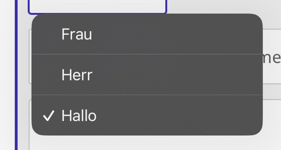 Ein Auswahlmenü mit drei Optionen: "Frau", "Herr" und "Hallo". "Hallo" ist als Option ausgewählt.